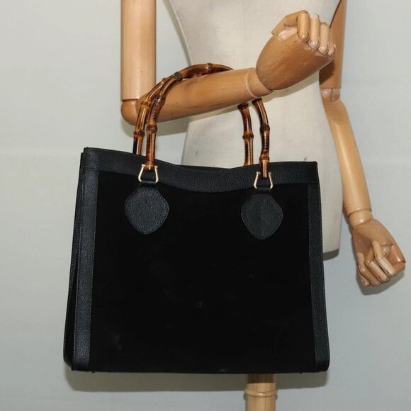 GUCCI Bamboo Hand Bag Suede Leather Black Gold 002 1186 0260 Auth bs28646 - Picture 15 of 16